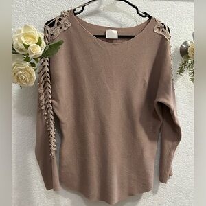 Elegant Taupe Sweater with Lace Details